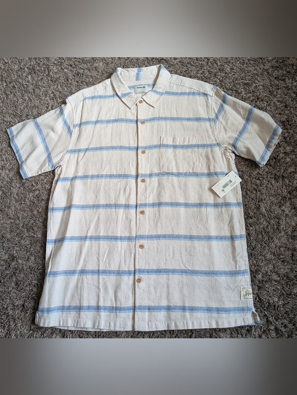 NWT Hurley Bone/Blue Striped Linen/Cotton Short Sleeve Button Up Men's L